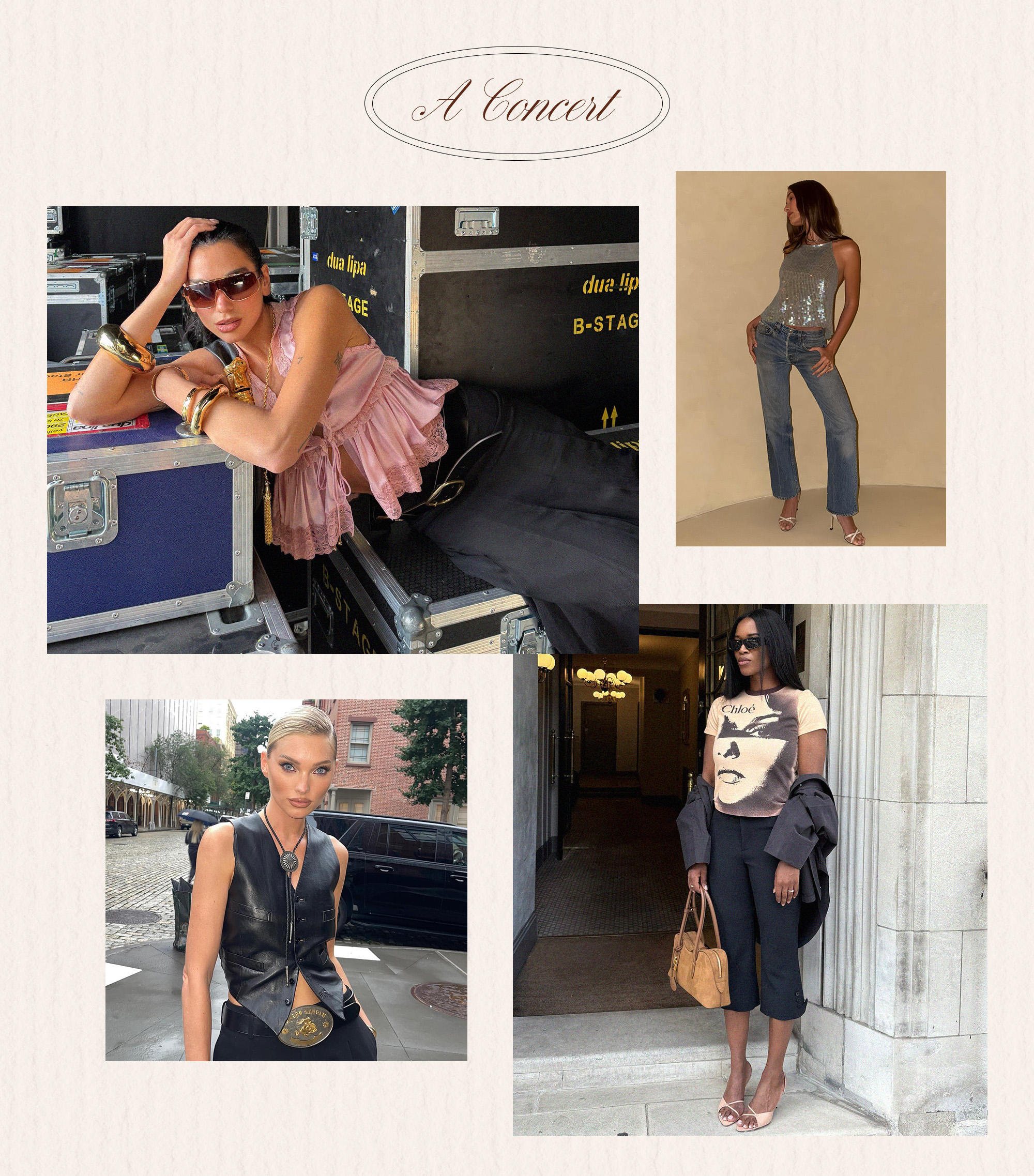 dua lipa wears a pink blouse with black pants; hailey bieber wears a sequin top with jeans and heels; elsa hosk wears a leather vest with a ralph lauren belt; marilyn wears a graphic Chlo&amp;eacute; tee with black capri pants and open-toe heels.
