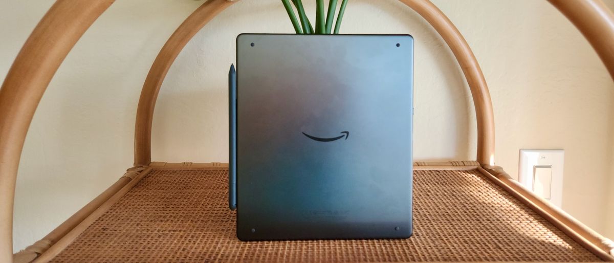 The Amazon Kindle Scribe sitting on a shelf.