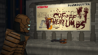 Isaac Clarke looks at the words "Cut off their limbs" written in blood on the wall in the Dead Space Demake.
