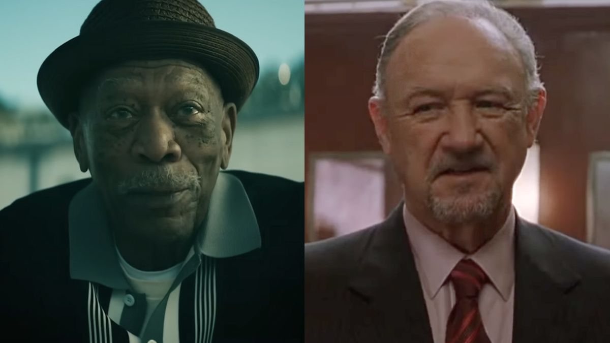 Morgan Freeman is seen sitting at a table, smiling, and wearing a hat in &quot;Gunner&quot; 2024, while Gene Hackman appears in one of his last roles in 2003&#039;s &quot;Runaway Jury.&quot;