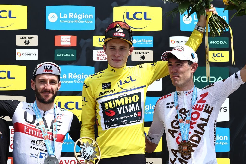 Adam Yates, Jonas Vingegaard, and Ben O’Connor on the final podium of the 2023 Critérium du Dauphiné