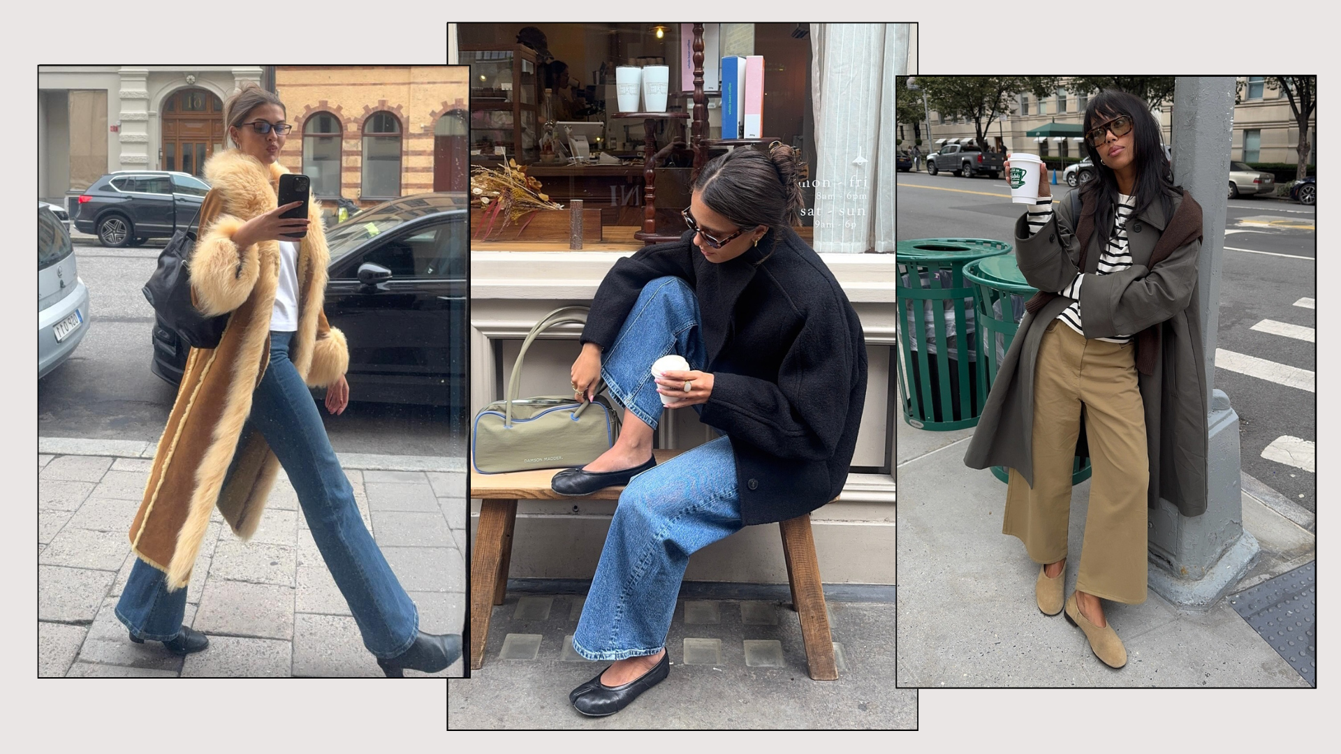 Three fashion people wear winter jeans outfits 2025.