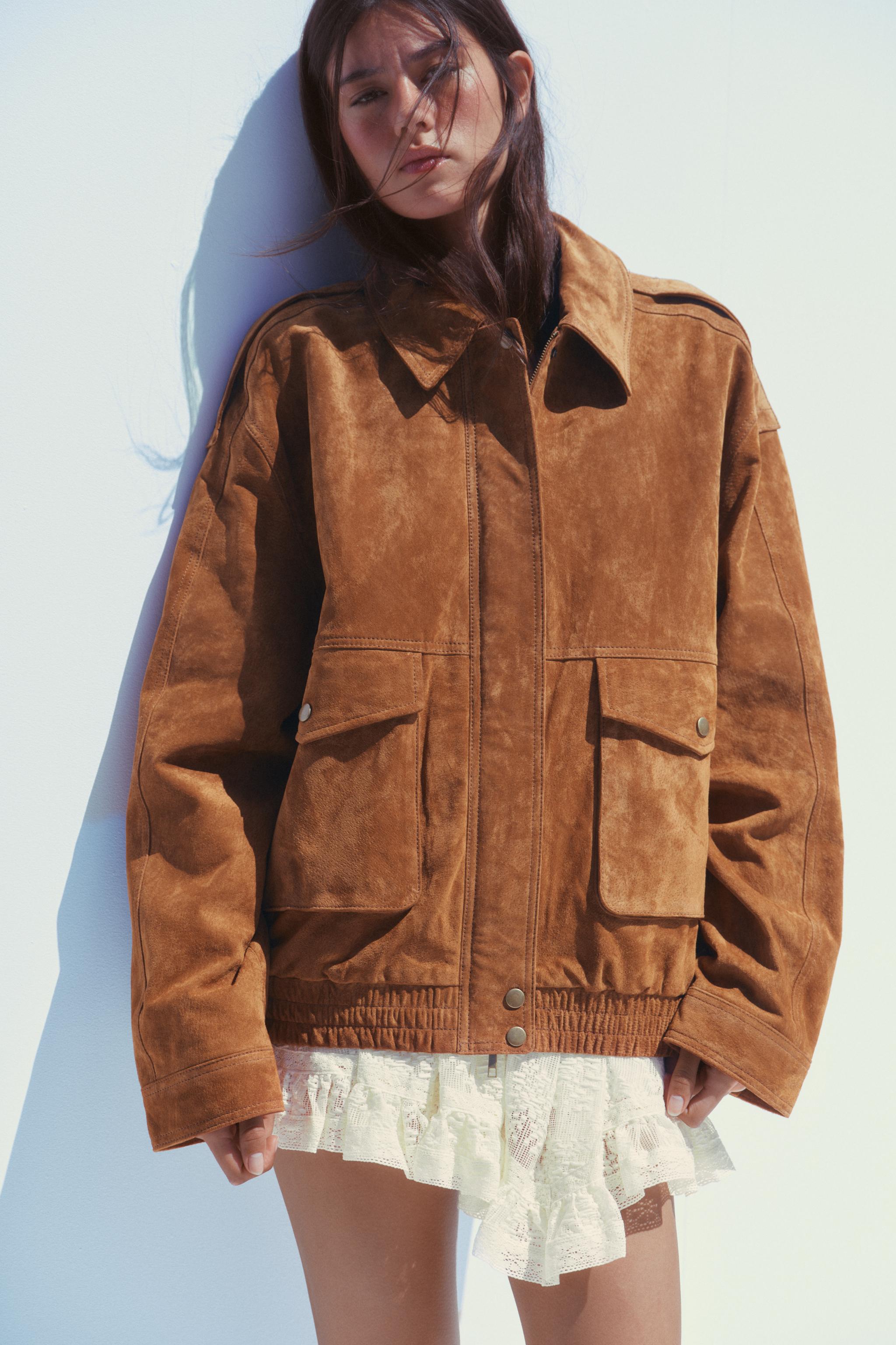 100% Suede Leather Bomber Jacket With Pockets