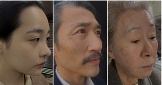 3 pachinko actors showing off their freckle makeup