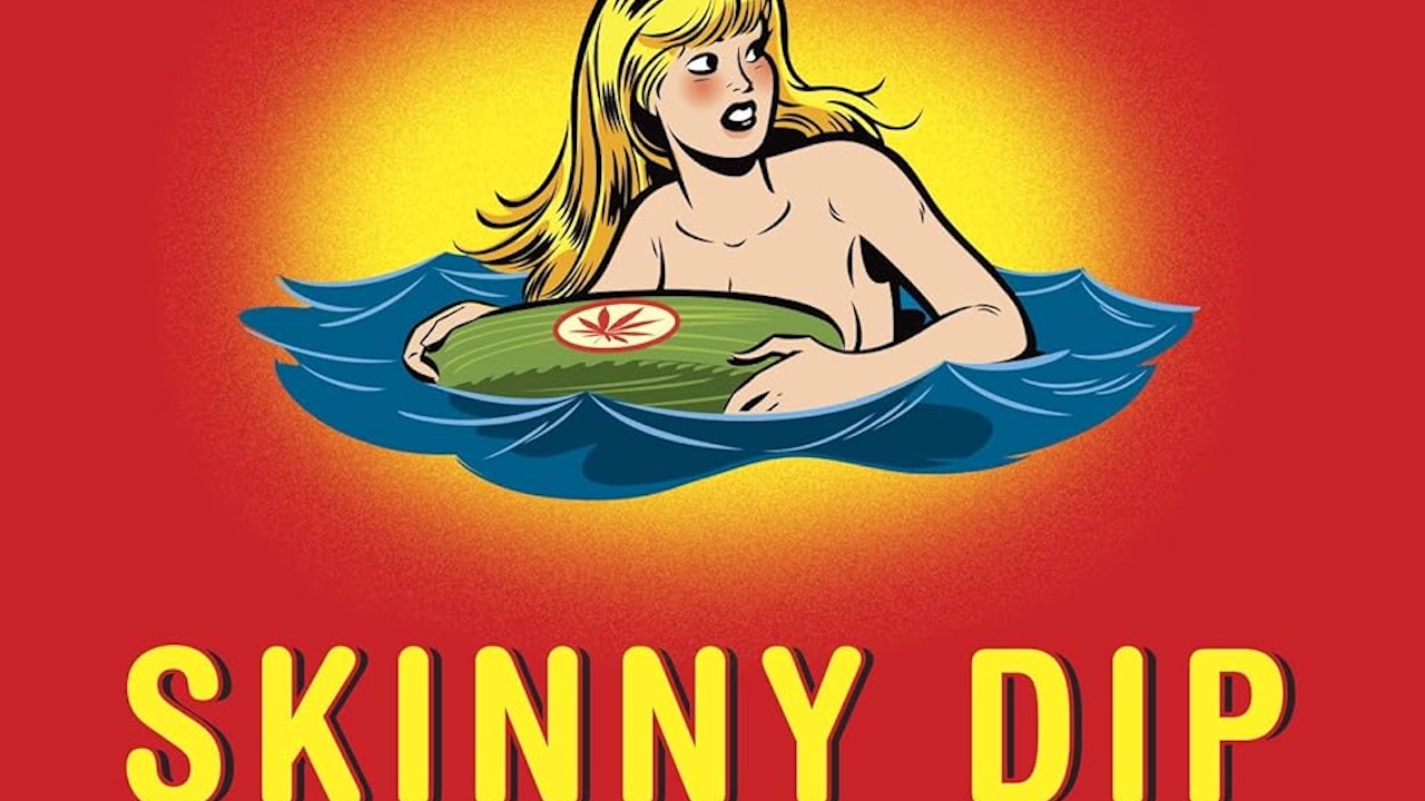 Illustrated image of a woman floating topless while holding a bale of marijuana on the cover of Skinny Dip by Carl Hiaasen. 