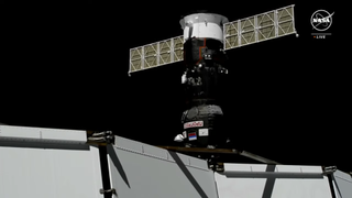 A Russian Progress 88 cargo ship with solar arrays unfurled docks at the International Space Station on June 1, 2024.