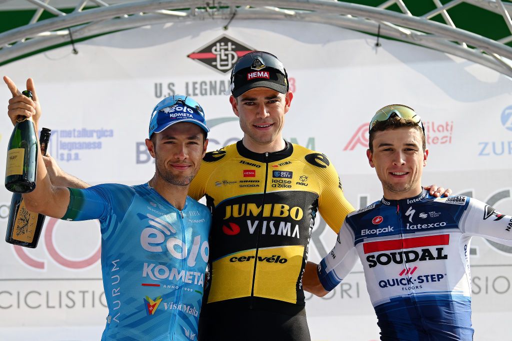 LEGNANO ITALY OCTOBER 02 EDITORS NOTE Alternate crop LR Vincenzo Albanese of Italy and Team EOLOKometa on second place race winner Wout Van Aert of Belgium and Team JumboVisma and Andrea Bagioli of Italy and Team Soudal QuickStep on third place pose on the podium ceremony after the 104th Coppa Bernocchi GP Banco BPM a 18665km one day race from Parabiago to Legnano on October 02 2023 in Legnano Italy Photo by Dario BelingheriGetty Images
