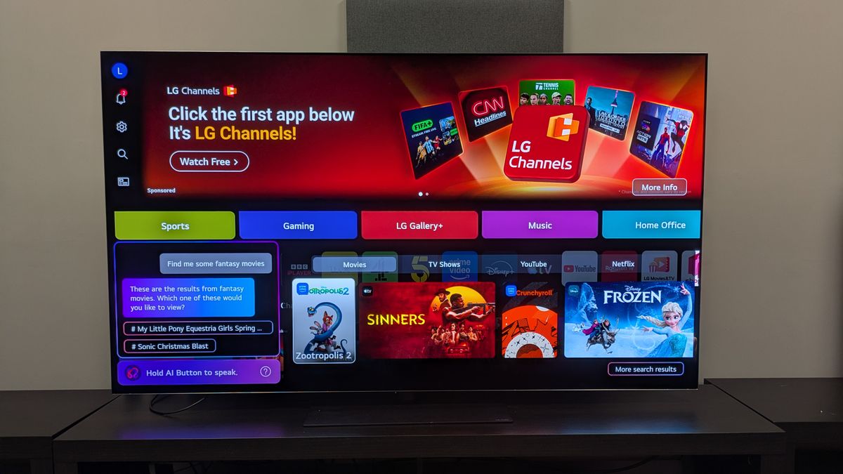 LG G6 OLED TV showing AI Concierge feature with enquiry show me fantasy movies being asked, with results next to it