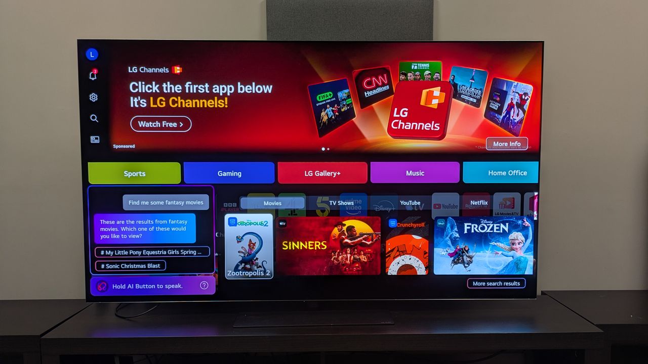 LG G6 OLED TV showing AI Concierge feature with enquiry show me fantasy movies being asked, with results next to it