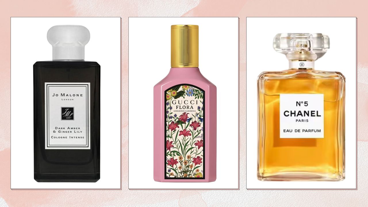 Collage of perfumes (L-R) Jo Malone Dark Amber &amp; Ginger Lily Eau de Cologne, Gucci Flora and Chanel No5, on a pink watercolour background