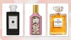 Collage of perfumes (L-R) Jo Malone Dark Amber & Ginger Lily Eau de Cologne, Gucci Flora and Chanel No5, on a pink watercolour background