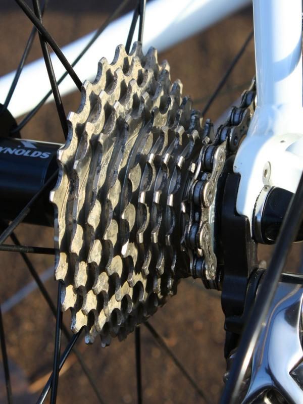 Dombroski likes the SRAM Red cassette for its light weight but acknowledges that it's a fair weather-only bit.