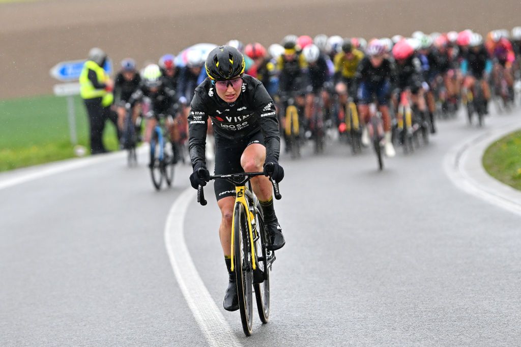 HUY BELGIUM APRIL 17 Eva van Agt of The Netherlands and Team Visma Lease a Bike attacks during the 27th La Fleche Wallonne Feminine 2024 a 146km one day race from Huy to Huy UCIWWT on April 17 2024 in Huy Belgium Photo by Luc ClaessenGetty Images