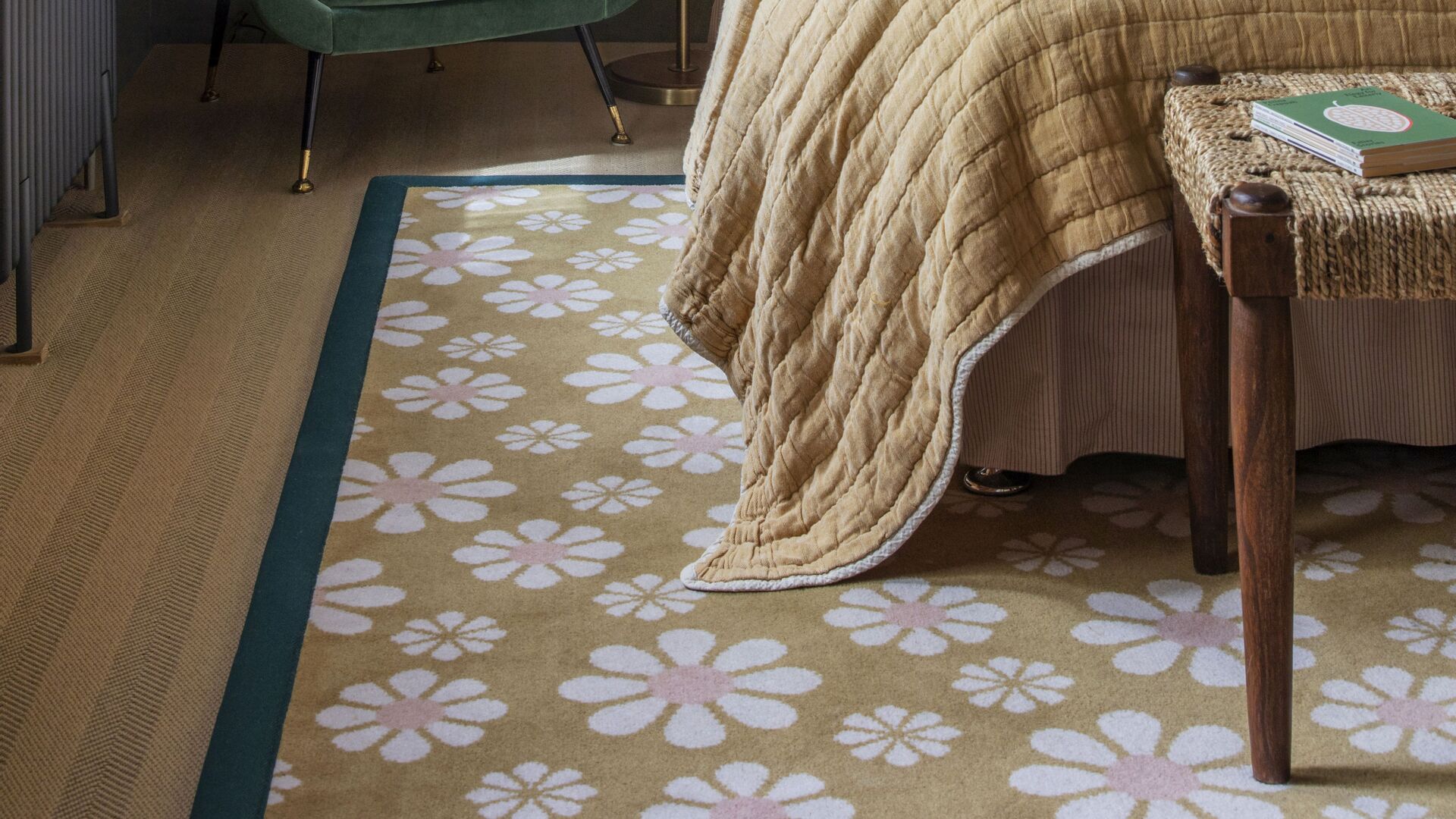 Floral rug in bedroom