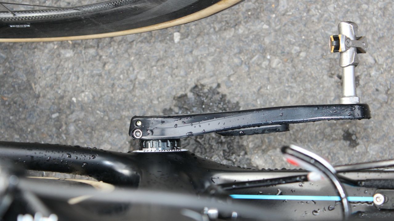 Elia Viviani has his mud-shedding Speedplay Pave pedals on his road bike, along with the Stages power meter that Team Sky is using for the second year.