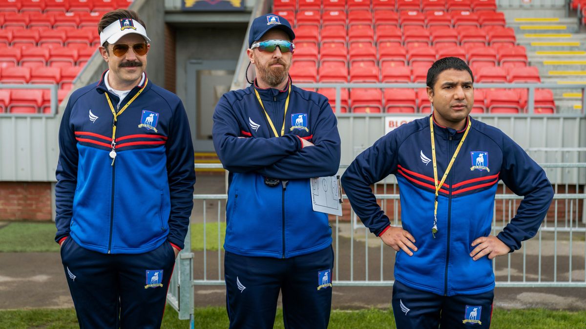 From left, Jason Sudeikis as Ted Lasso, Braendan Hunt as Coach Beard, and Nick Mohammed as Nathan Shelley in the Apple+ Original series &quot;Ted Lasso.&quot;