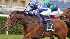 Haqeeqy ridden by Benoit de la Sayette (blue/white) wins The Unibet Lincoln at Doncaster Racecourse.