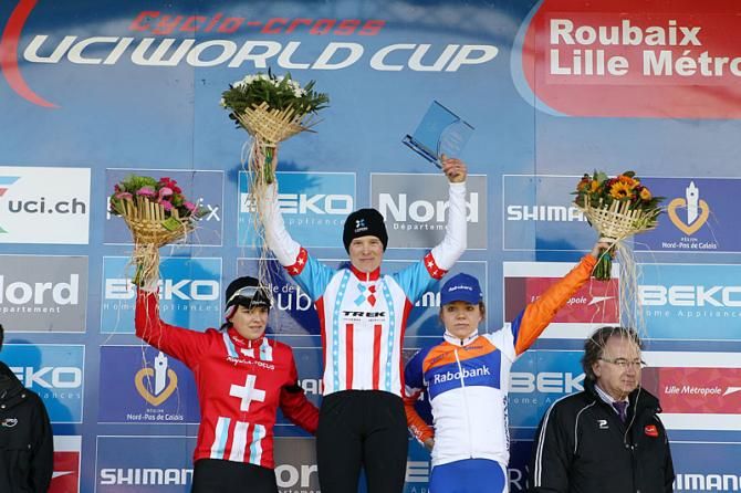 Elite women's Roubaix World Cup podium: Jasmin Achermann, Katie Compton, Sanne Van Paassen