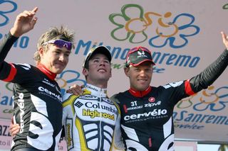 Heinrich Haussler, Mark Cavendish and Thor Hushovd on the 2009 Milan-San Remo podium
