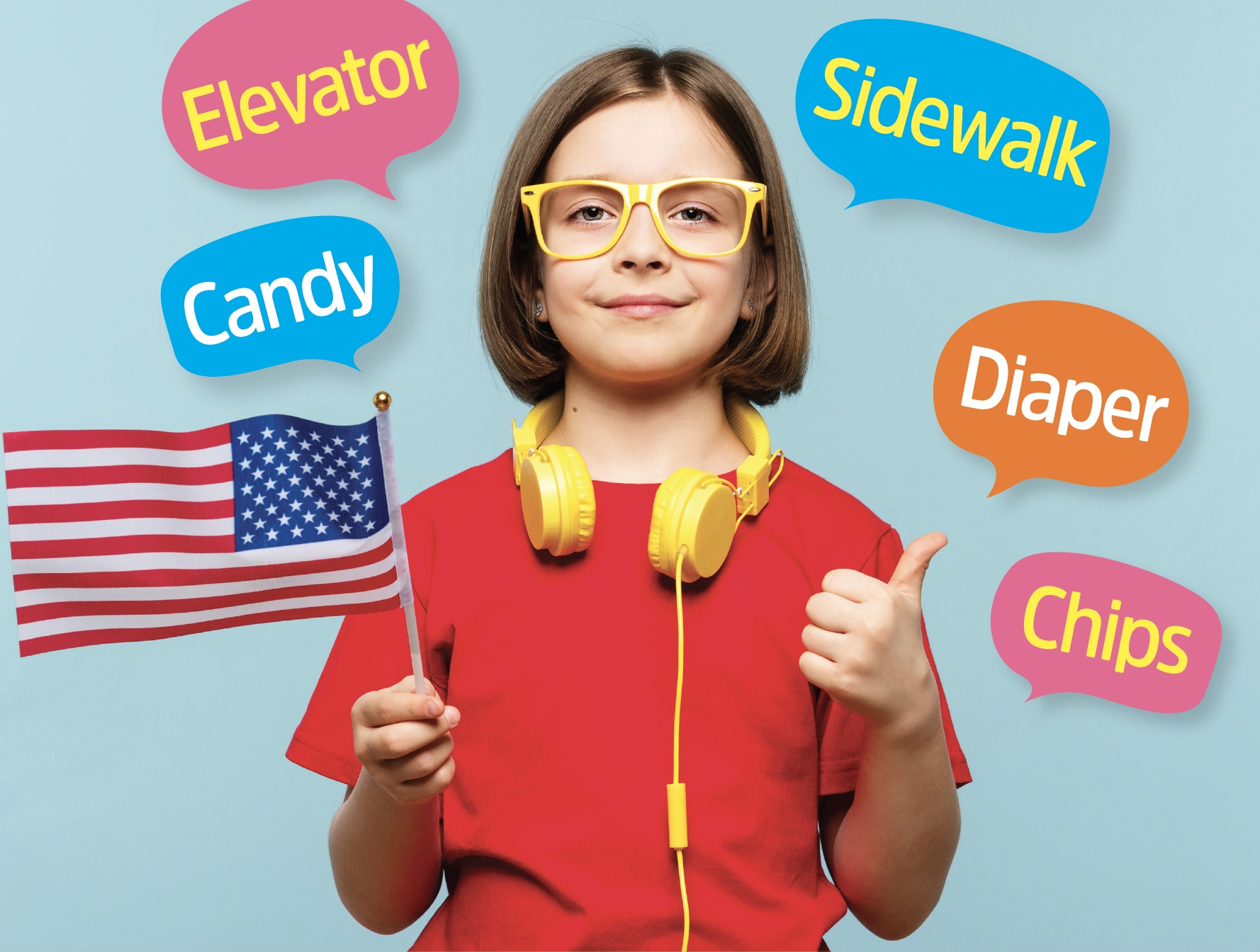 Girl holding up an American flag with speech bubbles saying 
