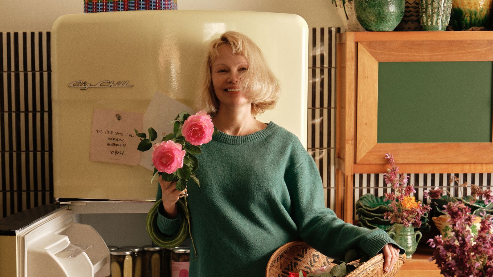 pamela anderson in the test kitchen with her new pickle line