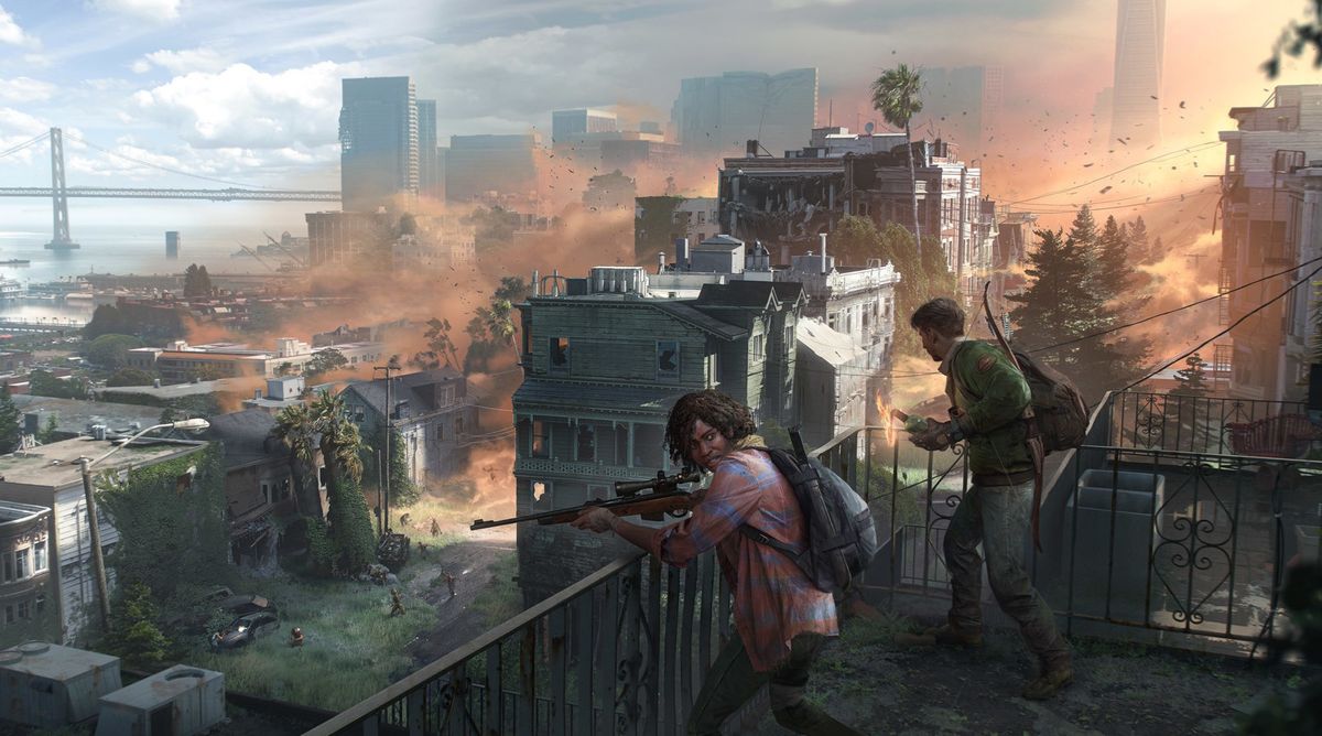 The Last of Us Online key art showing a man and woman in post-apocalyptic San Francisco.