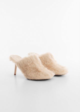 ivory fur-covered heeled mules