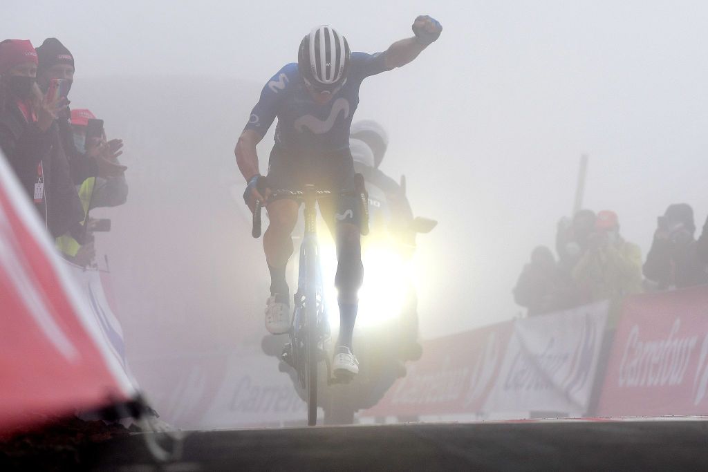 ALTU DEL GAMONITEIRU SPAIN SEPTEMBER 02 Miguel ngel Lpez Moreno of Colombia and Movistar Team celebrates winning during the 76th Tour of Spain 2021 Stage 18 a 1626km stage from Salas to Altu dEl Gamoniteiru 1770m lavuelta LaVuelta21 on September 02 2021 in Altu dEl Gamoniteiru Spain Photo by Stuart FranklinGetty Images