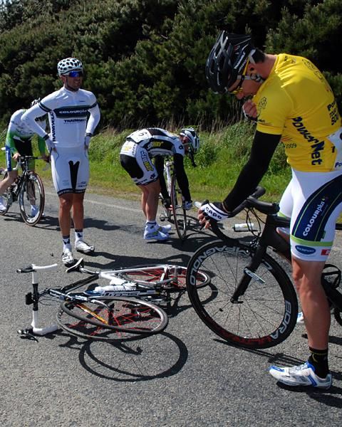 A crash sees race favourites Hayden Roulston and Gordon McCauley on the deck