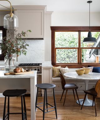 neutral kitchen with banquette bench seat