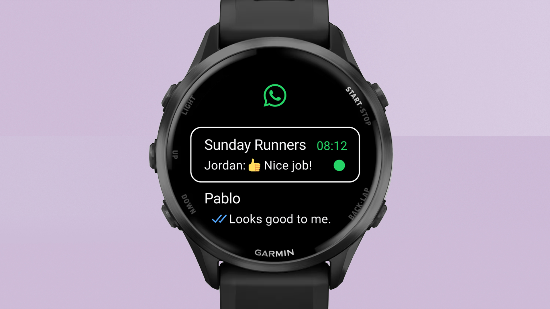Garmin watch showing WhatsApp