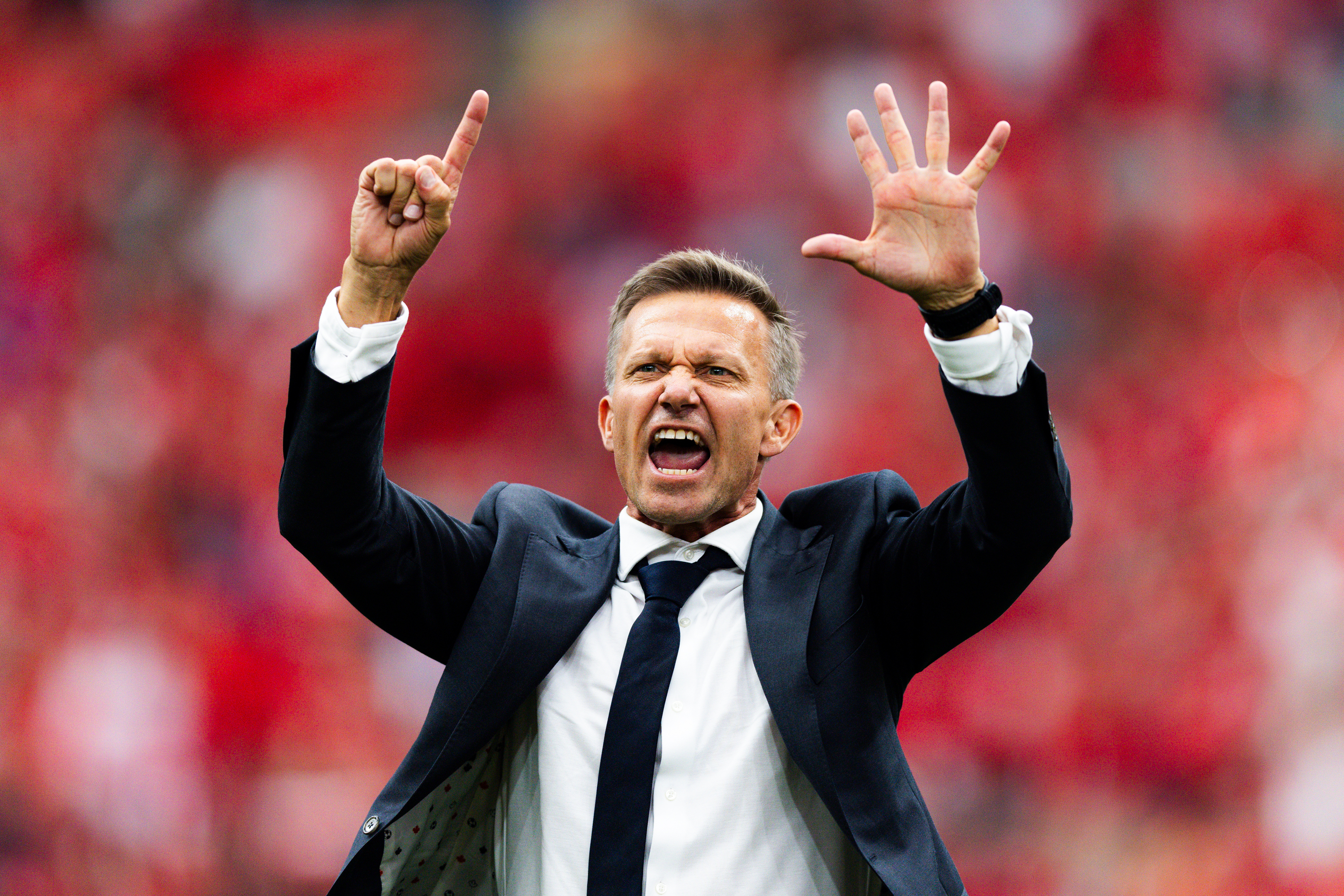 VANCOUVER, CANADA - JUNE 18: Canada head coach Jesse Marsch holds up six fingers to fans after the FIFA World Cup 2026 Group B match against Qatar at BC Place Vancouver on June 18, 2026 in Vancouver, Canada. (Photo by Emma Ottosen/ISI Photos/ISI Photos via Getty Images)
