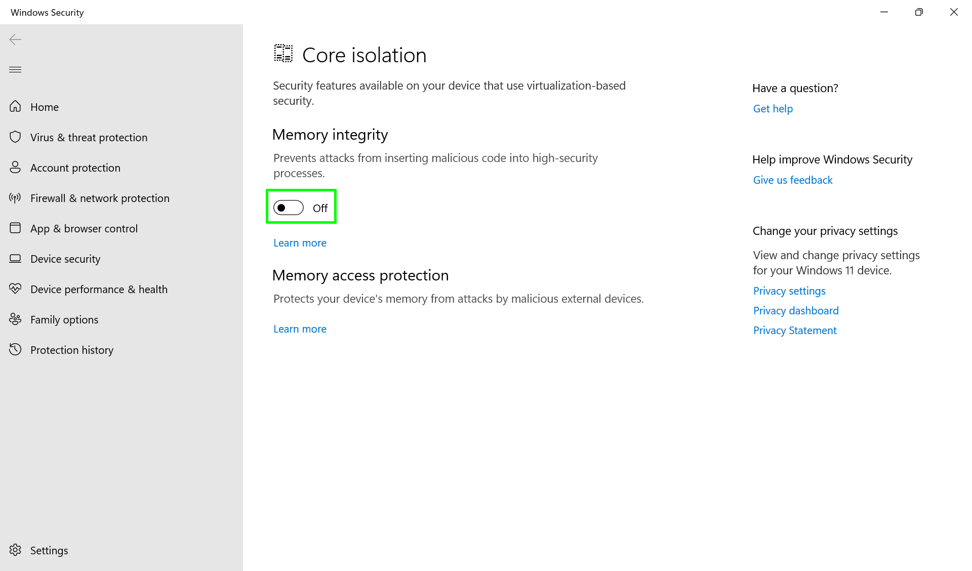 toggle memory integrity to off