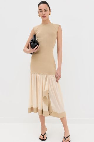 Compact Ribbed Sleeveless Dress With Chiffon Skirt