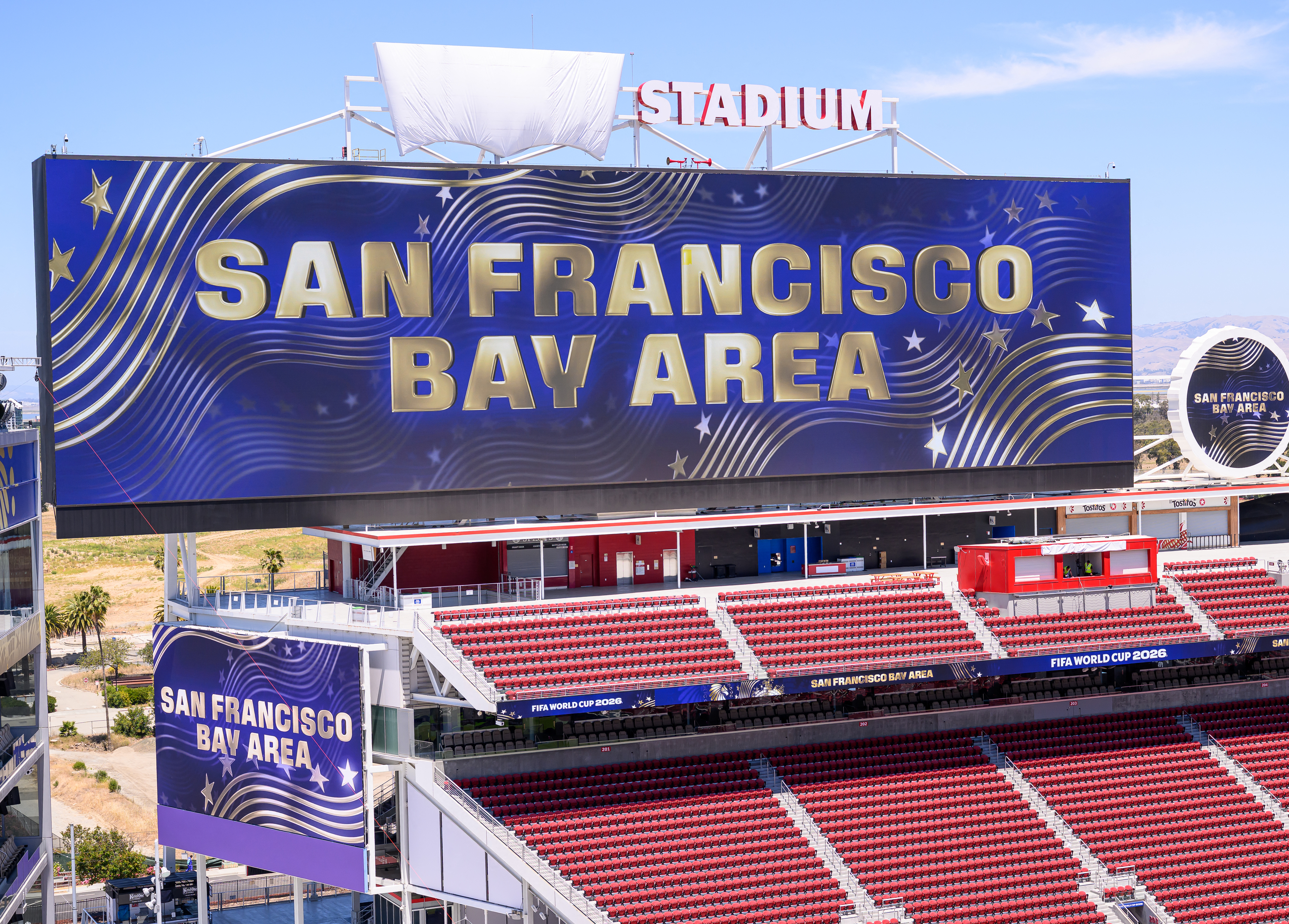 A general view shows San Francisco Bay Area Stadium (temporarily renamed from Levi's Stadium) ahead of the 2026 FIFA World Cup in Santa Clara, California, on June 7, 2026. The stadium will host six matches for the FIFA World Cup 2026. (Photo by JOSH EDELSON / AFP)