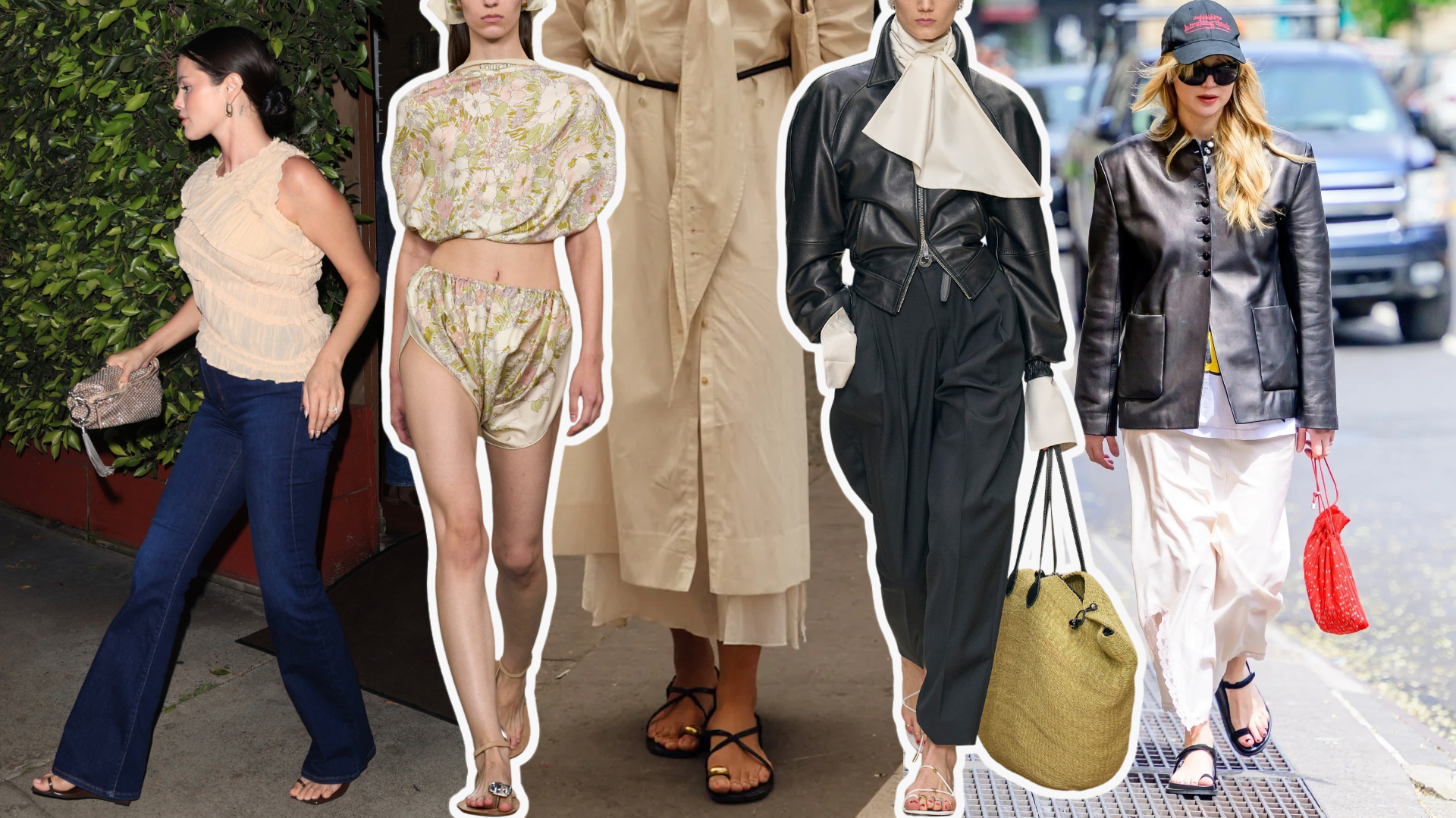 a collage of Selena Gomez, a Calvin Klein model, woman at Paris Fashion Week, a Celine model, and Jennifer Lawrence wearing toe-ring sandals