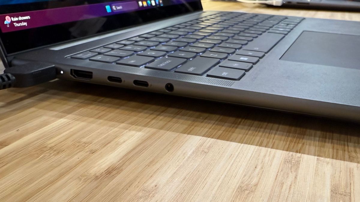 A close up of the left-hand side ports of the Lenovo Yoga Pro 9i (Gen 10) laptop at MWC 2025, Barcelona, Spain.