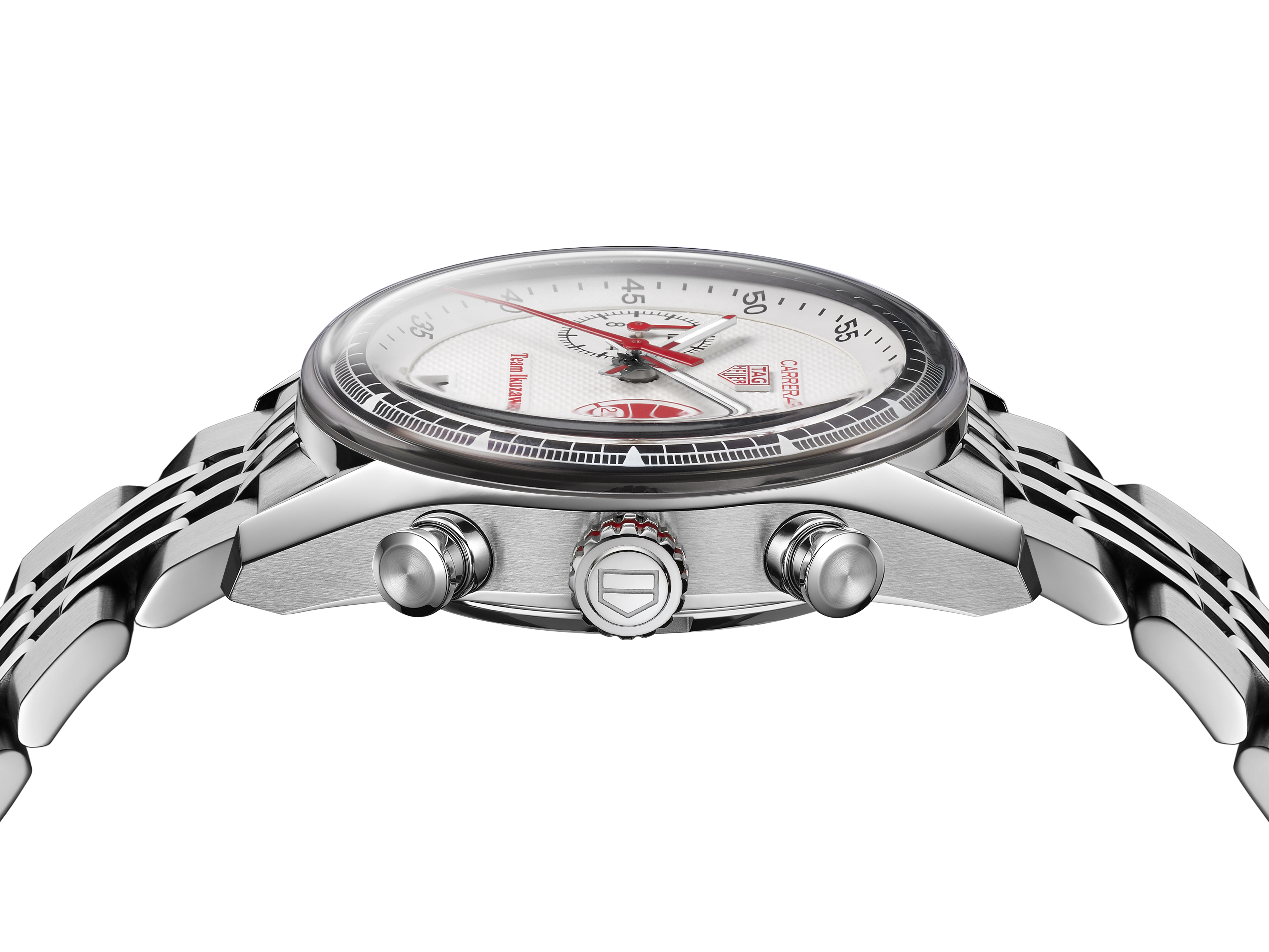 white tag heuer watc with red details