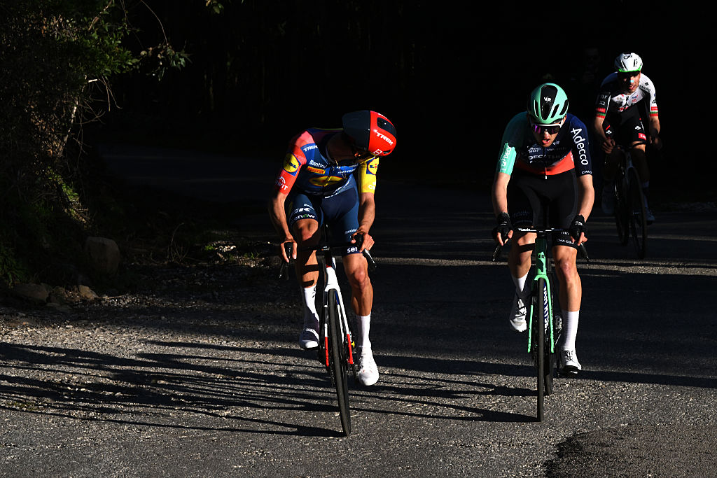 FOIA, PORTUGAL - FEBRUARY 19: (L-R) Juan Ayuso of Spain and Team Lidl - Trek, stage winner Paul Seixas of France and Team Decathlon CMA CGM and Joao Almeida of Portugal and UAE Team Emirates - XRG attack during the 52nd Volta ao Algarve em Bicicleta 2026, Stage 2 a 183.5km stage from Portimao to Foia (Monchique) 882m on February 19, 2026 in Foia, Portugal. (Photo by Dario Belingheri/Getty Images)