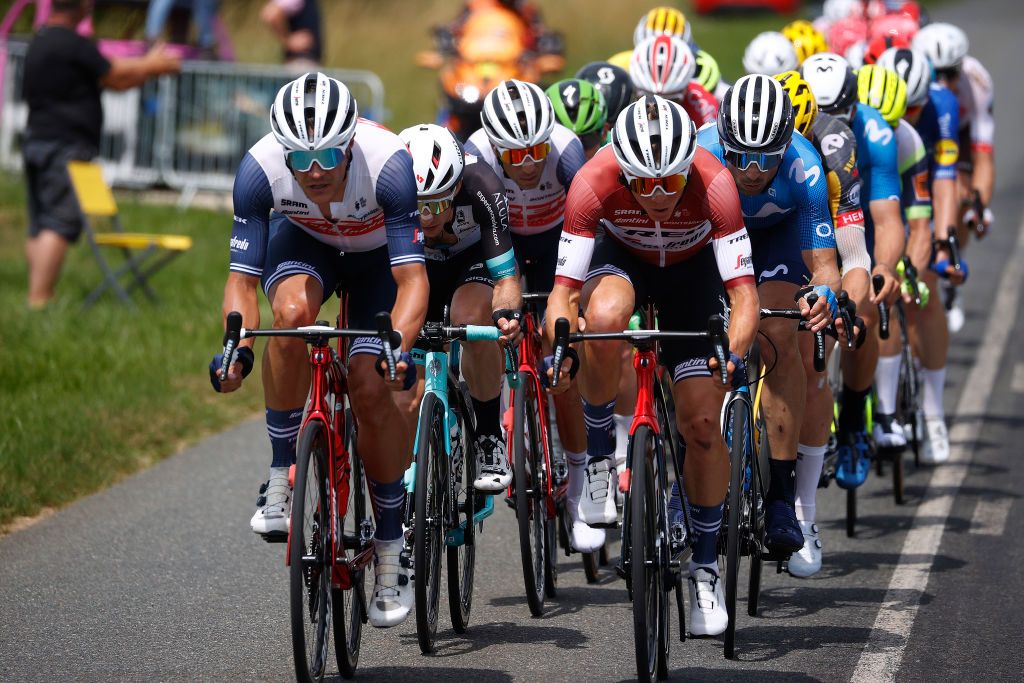 LE CREUSOT FRANCE JULY 02 Jasper Stuyven of Belgium Toms Skuji of Latvia and Team Trek Segafredo The breakaway during the 108th Tour de France 2021 Stage 7 a 2491km km stage from Vierzon to Le Creusot 369m LeTour TDF2021 on July 02 2021 in Le Creusot France Photo by Chris GraythenGetty Images