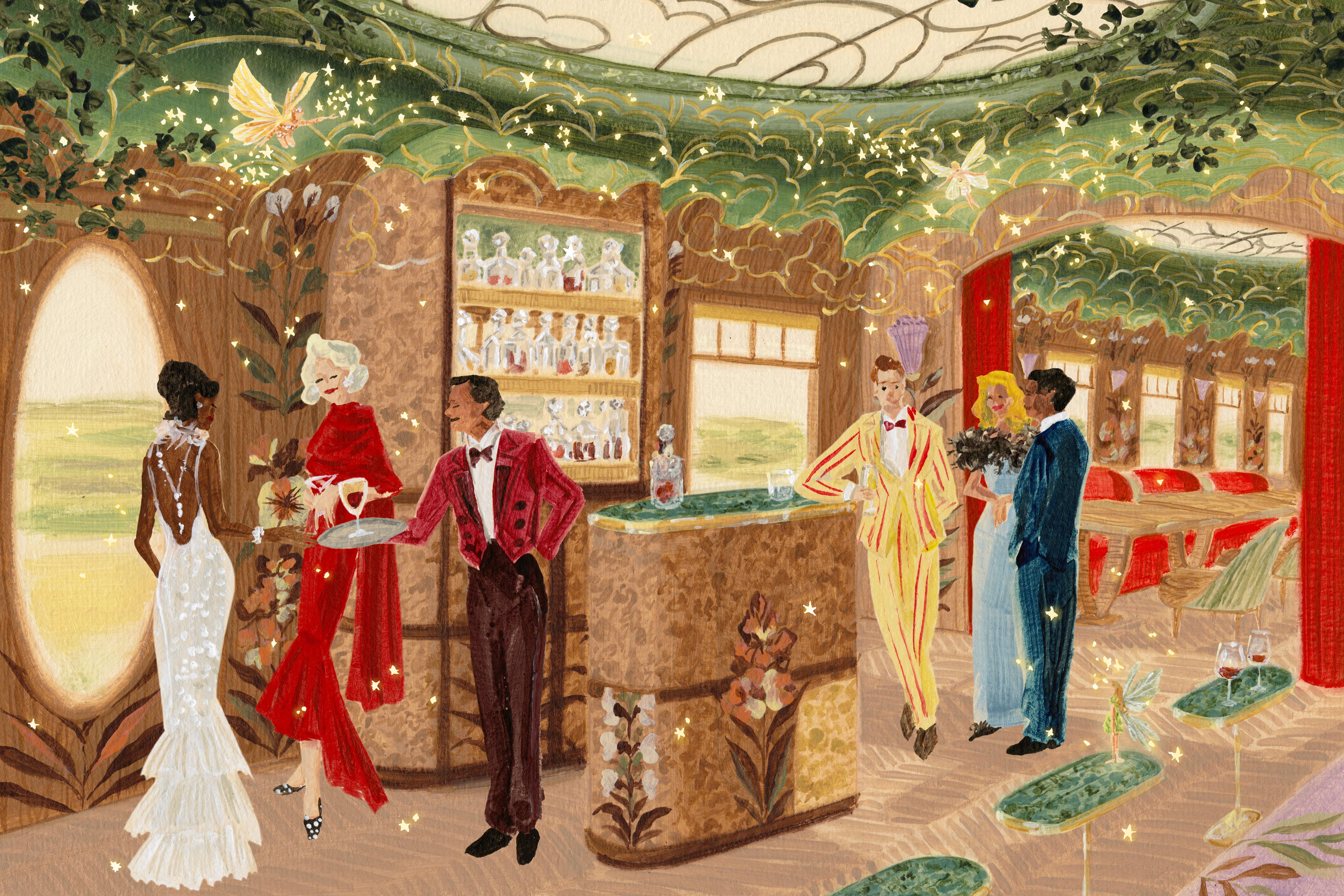 An illustration depicting the magical, fairytale-like interiors of an imagined luxury train carriage with an old-glamour feel to it depicts three women and four men dressed up in black tie attire, leafy ceilings, red curtains, and lavish marquetry.