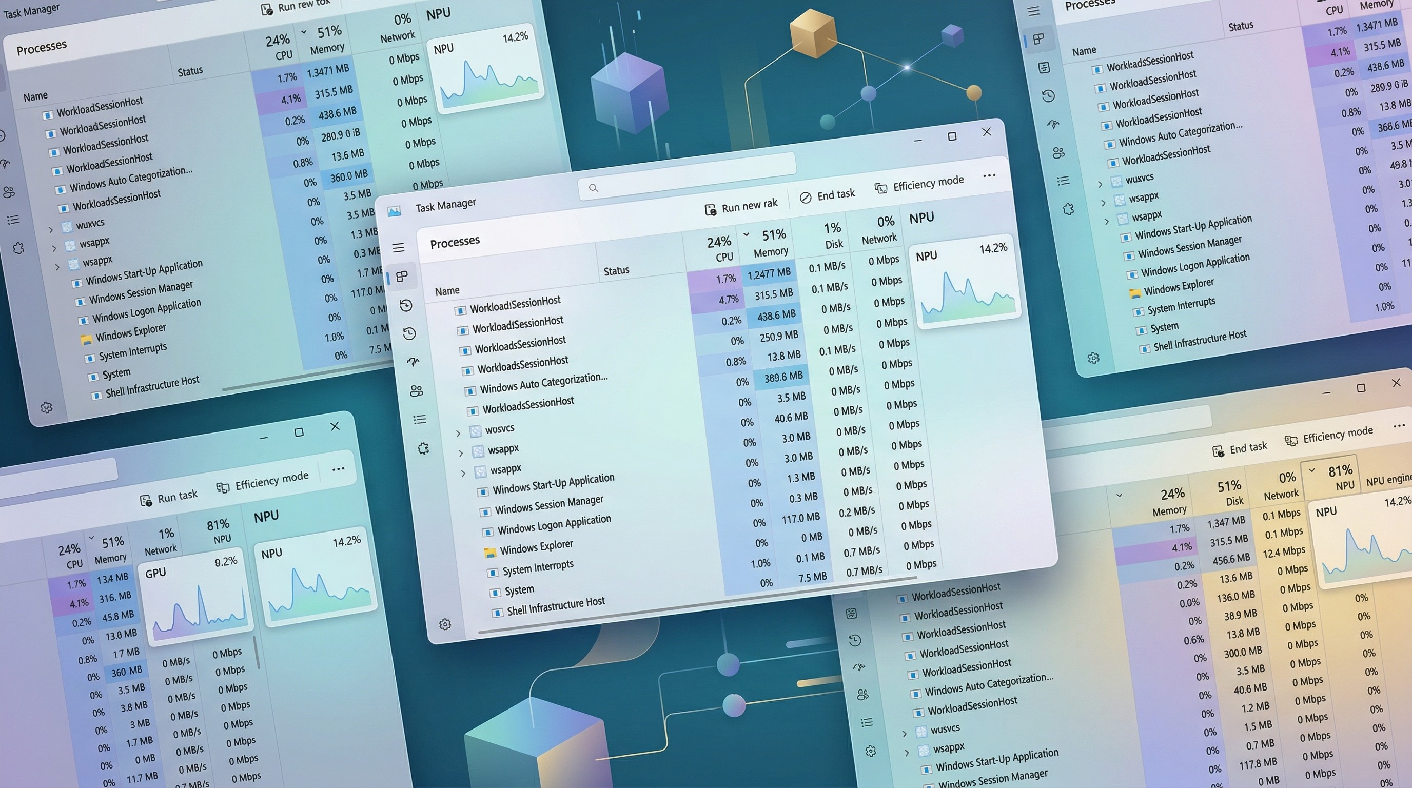 Collage of Task Manager in Windows 11 with new NPU support for AI PCs.