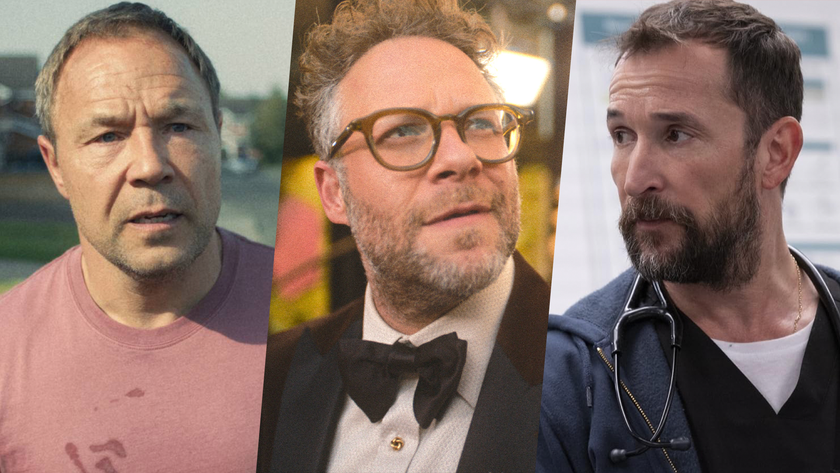 (L-R) Stephen Graham in "Adolescence"; Seth Rogen in "The Studio" season 1; Noah Wyle in "The Pitt" season 1.