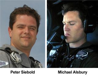 Scaled Composites test pilots Peter Siebold (left) and Michael Alsbury were flying Virgin Galactic's first SpaceShipTwo when it broke apart and crashed over California's Mojave Desert on Oct. 31, 2014. Alsbury was killed in the crash, which seriously injured Siebold.