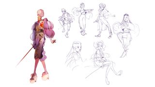 video game concept art tutorial; sketches of a game character with a sword
