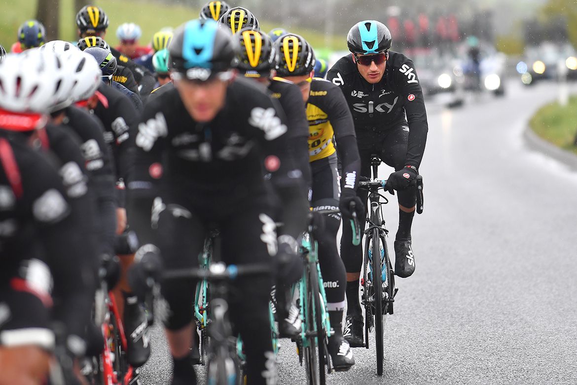 Team Sky's Gianni Moscon at the back