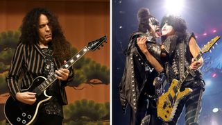 Left-Marty Friedman performs on stage during his Japan Heritage Special Live concert at Haneda airport on July 17, 2023 in Tokyo, Japan; Right-Gene Simmons and Paul Stanley perform during the final show of KISS: End of the Road World Tour at Madison Square Garden on December 02, 2023 in New York City