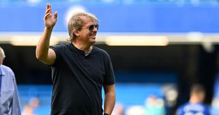 Chelsea owner Todd Boehly comes onto the pitch to join the lap of honour after the English Premier League football match between Chelsea and Watford at Stamford Bridge in London