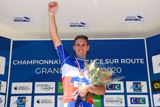 Arnaud Démare (Groupama-FDJ) celebrates his victory in the road race at the 2020 French road championships