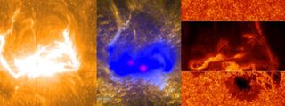 This image shows three of five different views of a monster X-class solar flare on the sun on March 29, 2014. The sun storm was the best-observed solar flare in history, according to NASA.